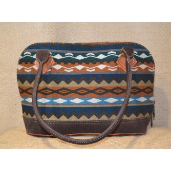 Torebka etniczna z ciemnobrązowej zamszowej skóry i wełnianej haftowanej tkaniny .
