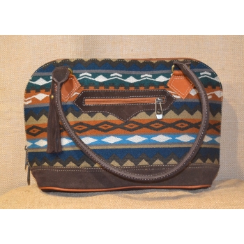 Torebka etniczna z ciemnobrązowej zamszowej skóry i wełnianej haftowanej tkaniny .