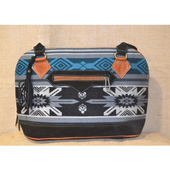 Torebka etniczna z czarnej zamszowej skóry i wełnianej haftowanej tkaniny .