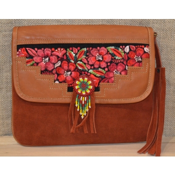 Torebka ze skóry etno w ceglanym kolorze  z koralikami mullo .