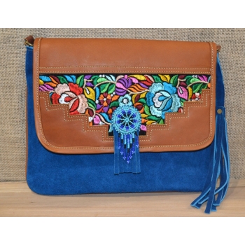 Torebka ze skóry etno w niebieskim kolorze  z koralikami mullo .