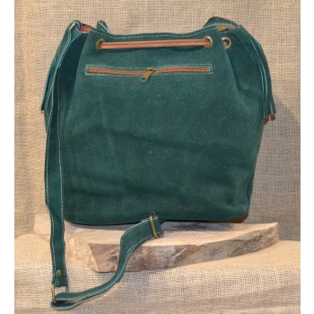 Torebka worek etno ze skóry ciemnozielona z kwiatowym haftem